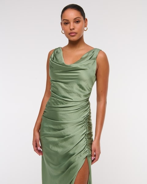 abercrombie cowl neck draped maxi dress @abercrombie Skirt Dress My mom practically went viral for wearing that in yellow as her MOB wedding dress Shop link in bio for these dresses!! #AFWeddingShop draping details across the bodice and a thigh Cowl Neck Draped Maxi Dress